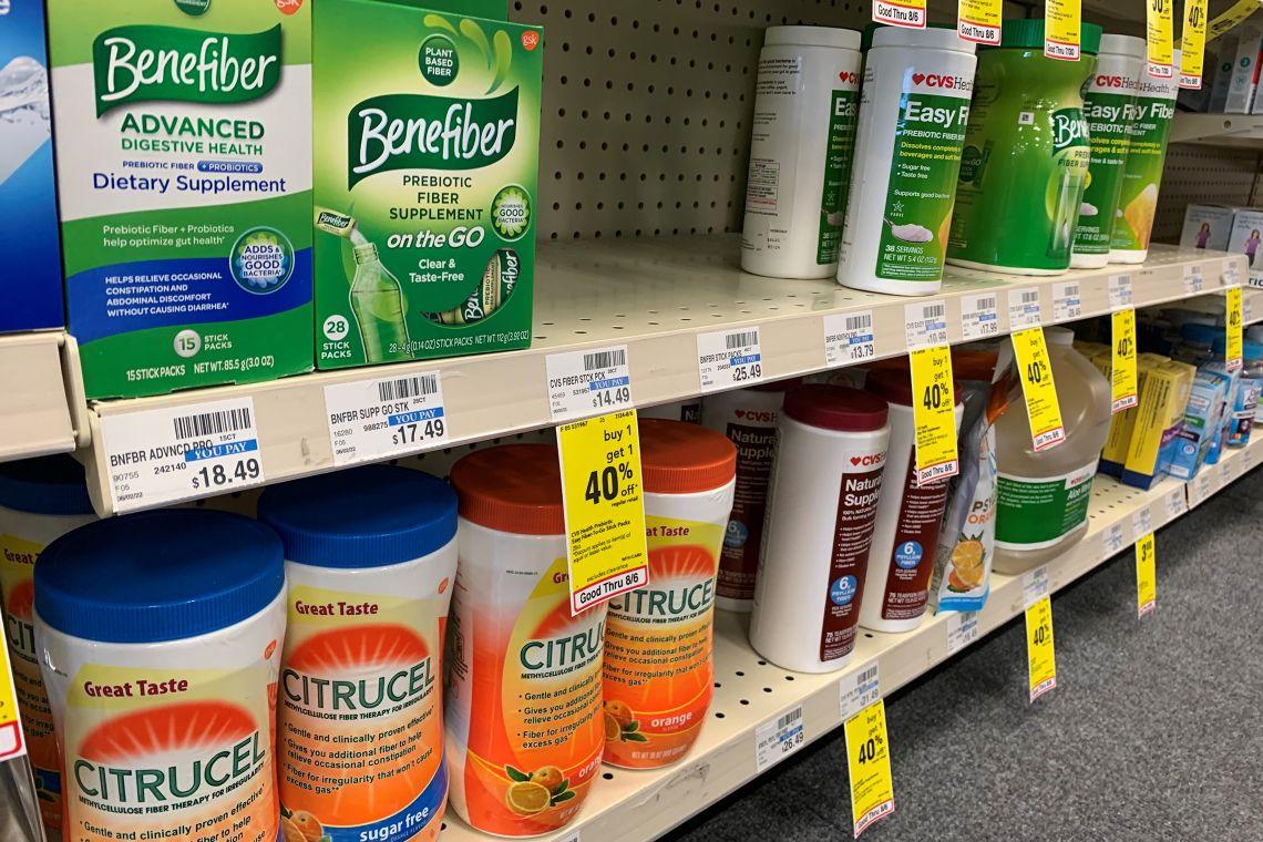Close up of the fiber aisle at the grocery store -- shows several different fiber supplement products