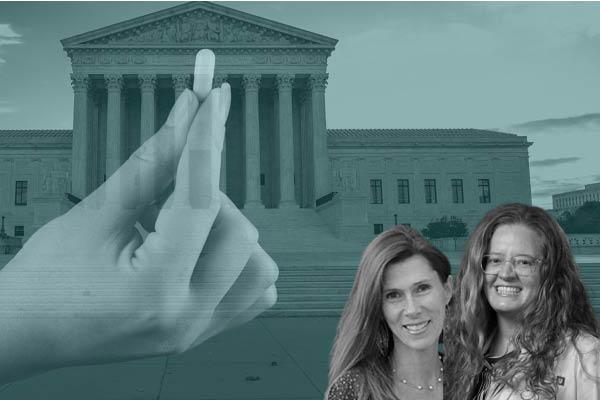 Beverly Allen Gray and Jolynn C Dellinger superimposed over a background of the supreme court building and a woman's hand holding up a pill. 