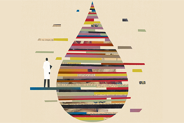 Silhouette of a doctor in a white coat standing next to a giant stylized blood droplett