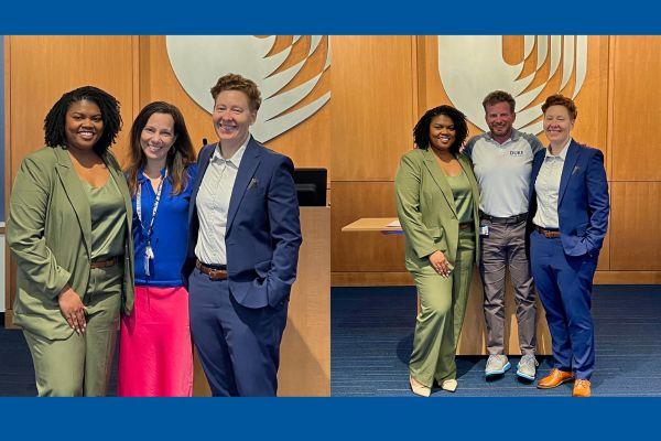 Two shots of three people gathered