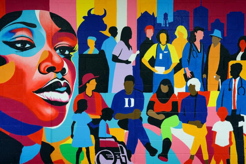brightly colored mural representing the diverse Durham community. 
