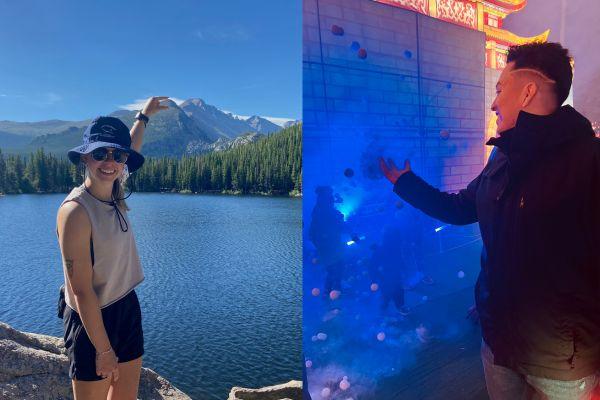 A student in front of a lake and mountains, another at laser tag venue