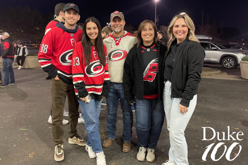 Cathy Lefebvre and friends in Carolina Hurricane jerseys 