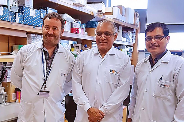 The research team, led by Professor Soman Abraham (centre), included co-first authors Andrea Mencarelli (left) and Pradeep Bist