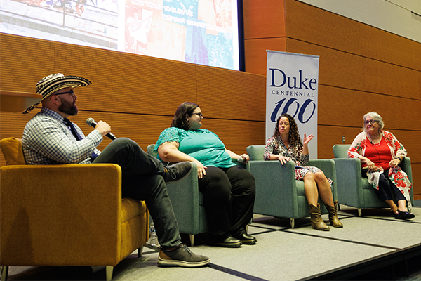 Rosa Gonzalez-Guarda, PhD, MPH, RN, FAAN, second from right, speaks during a panel discussion with Fernando Orozco, MBA, left, Cecilia Marquez, PhD, second from left, center and Norma Marti, BA, far right, during ¡DALHE!’s Pesado & Perspectiva event