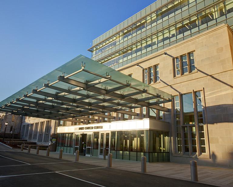Exterior view of the entrance to the Duke Cancer Center 