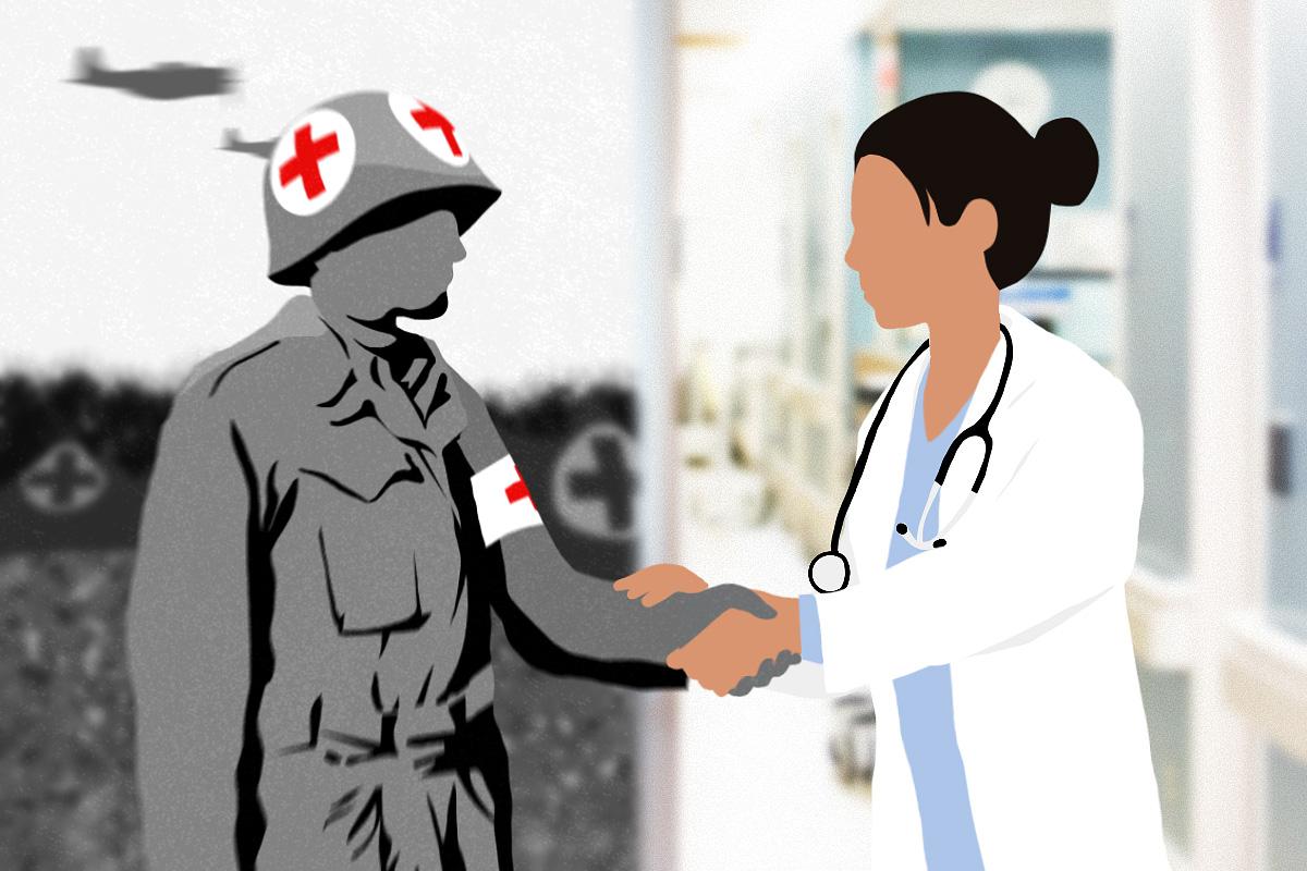 An illustration showing a medical professional in a white coat clasping hands with a solder wearing a badge and helmet with the insignia of the Red Cross