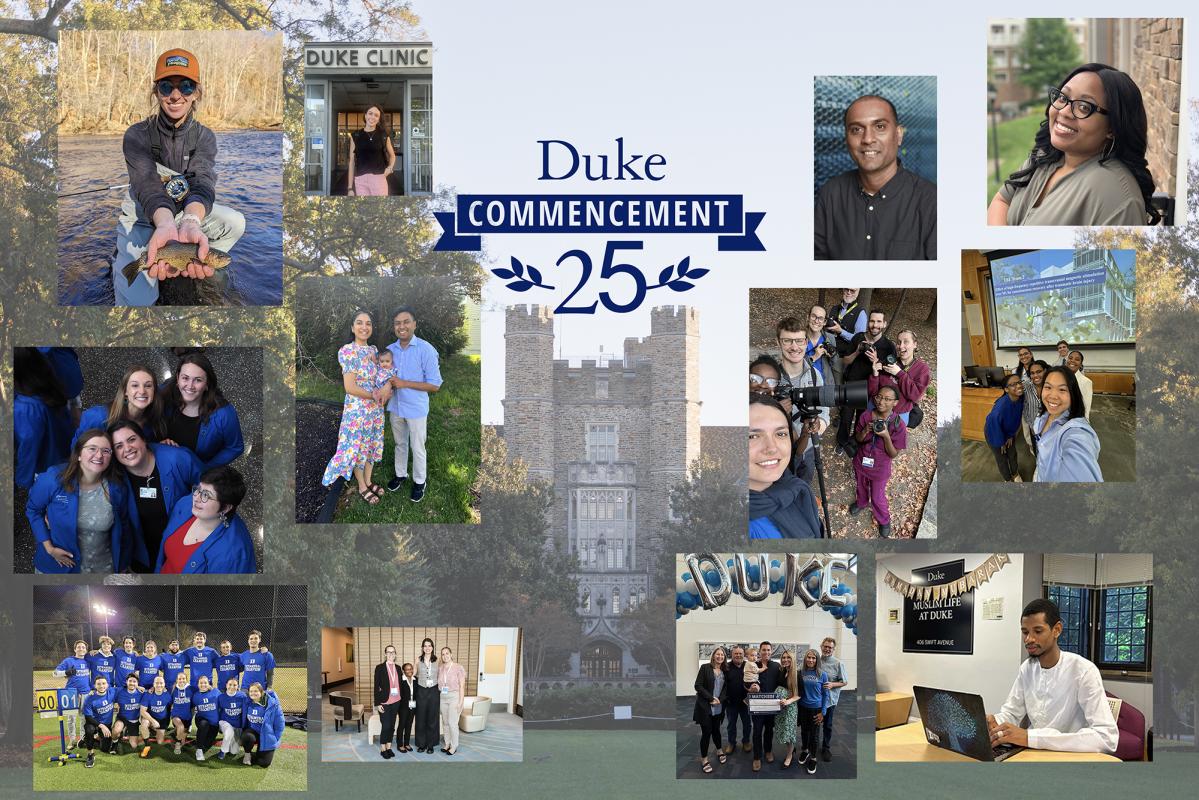 collage of graduating student headshots superimposed over an image of the Davison Building. 