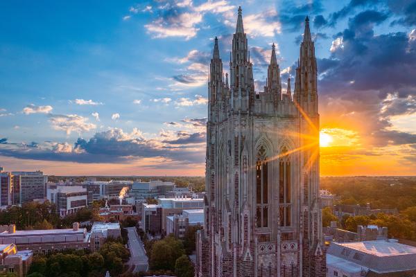 Arial view of Duke Chapel and Duke University medical campus.