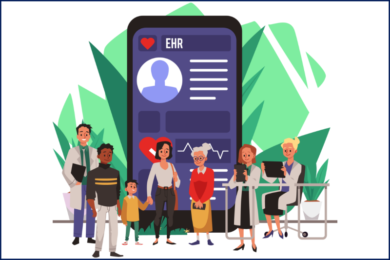 illustration of health care providers and families gathered around a mobile phone showing electronic health records
