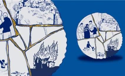 Ceramic plates made with the kintsugi technique, which uses molten gold to mend cracks in broken pottery. 