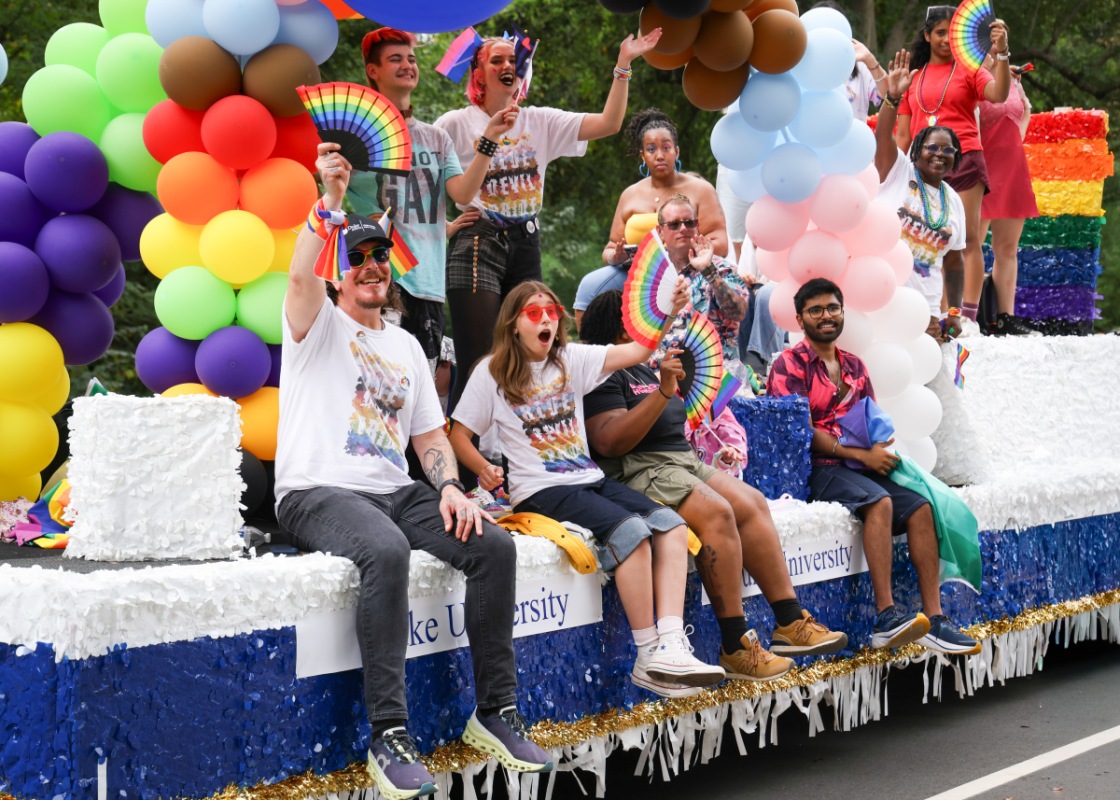 Duke staff and students show their Pride spirit on a float during the community parade and march at Pride: Durham, NC. 
