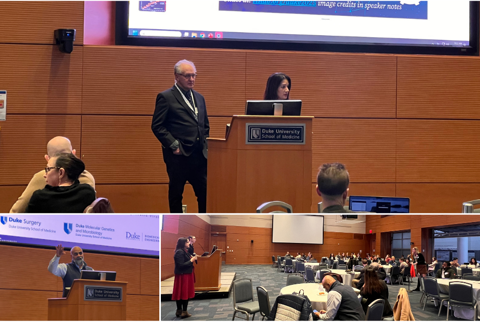 three images showing presenters and participants at the Genomics Scientific Retreat