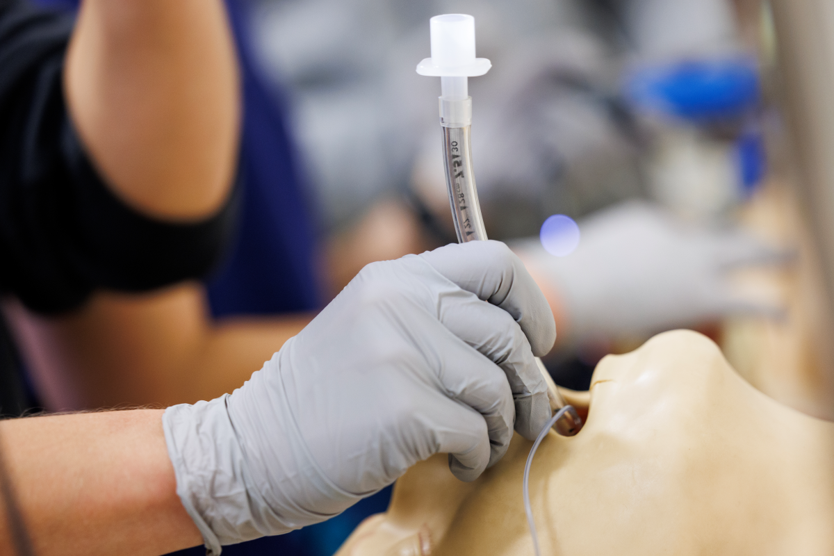 Students practice inserting breathing tubes at Duke School of Medicine’s Human Simulation and Patient Safety Center. Duke researchers are studying ways to lower the risk of pneumonia for critically ill patients who need mechanical ventilation. Photo by Eamon Queeney.