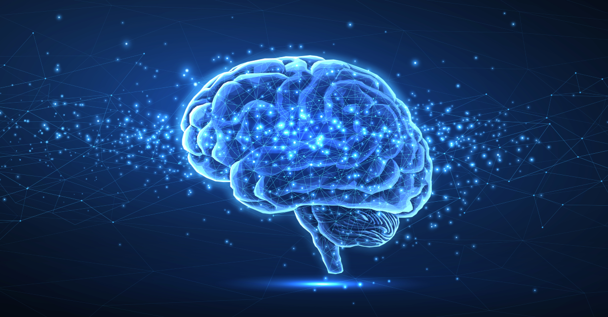 iStock photo of a blue brain with pinpoints of light in and around it