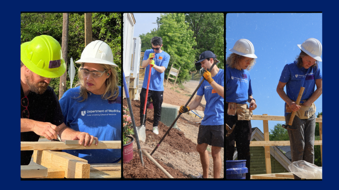 Triptych of medical students wearing hardhats working on home construction sites