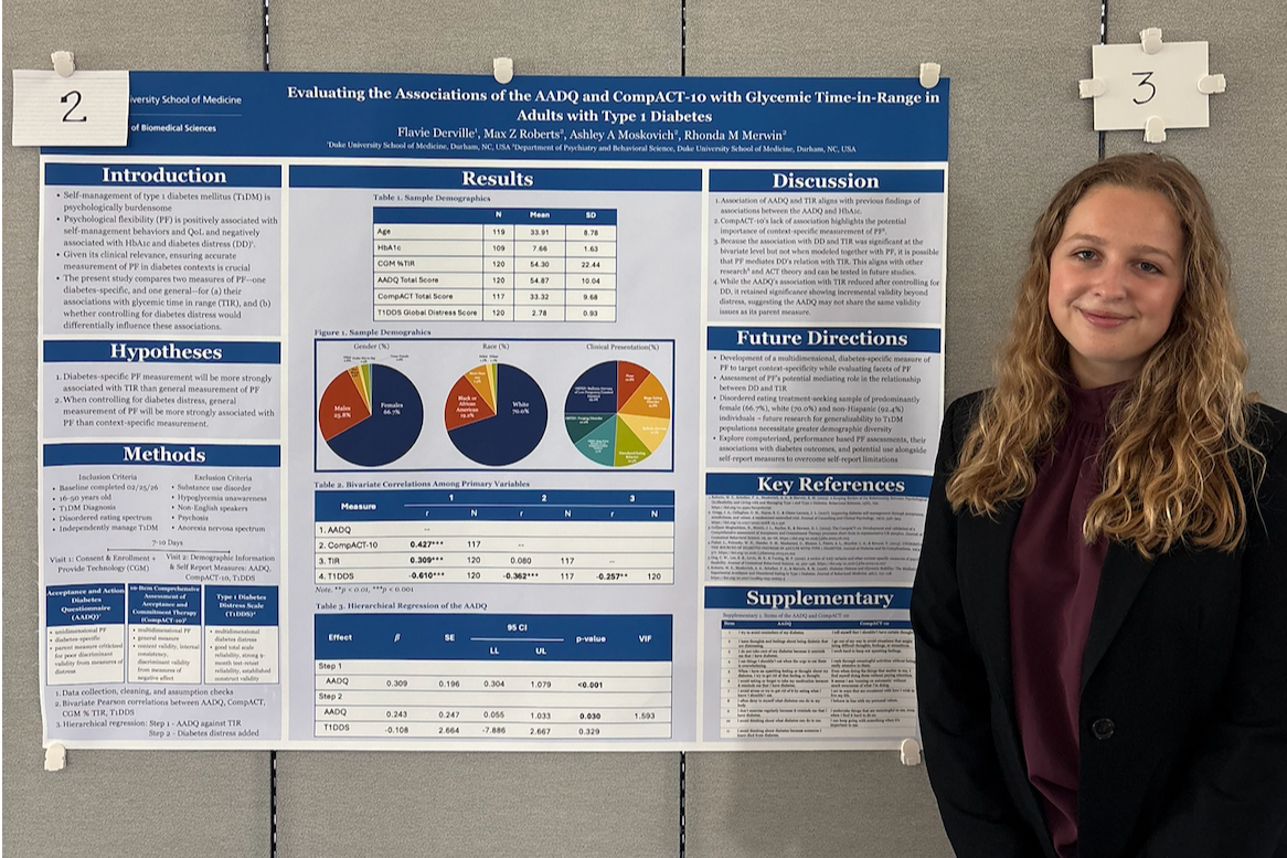 Flavie Derville next to her research poster.