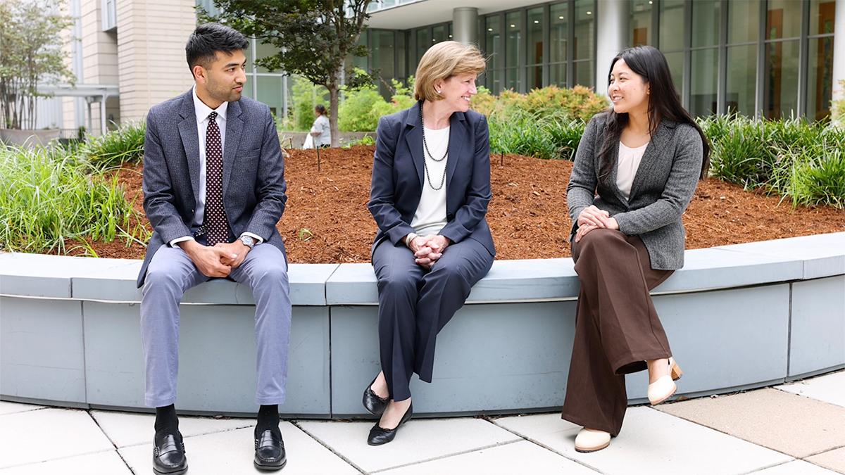 Dean Mary Klotman sits down with Ashley Truong, an MD-PhD student, and Divyam Goel, an MD student