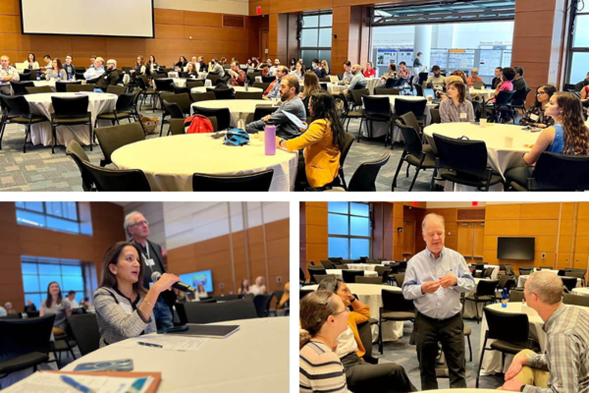 three images: top image: people seated at tables in a conference room; bottom left, woman holding microphone; bottom right, four people talking
