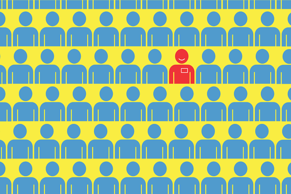 A group of cartoon people on a yellow blackground. One stands out among the rest.