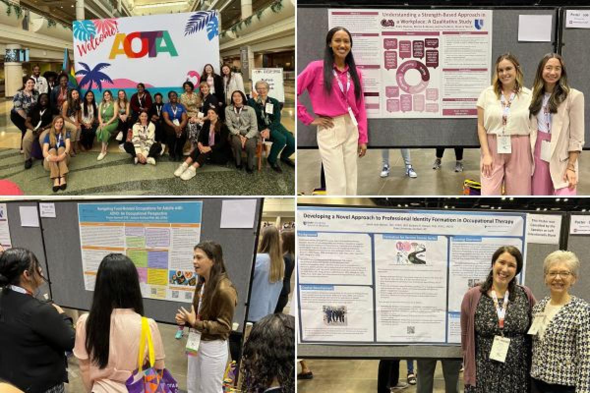 a collage of scenes from the AOTA conference including a group photo and presentation boards