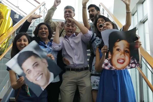 Students and their families celebrating Match Day on the stairs in the Trent Semans Center for Heath Education