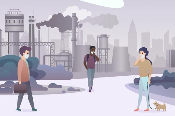 Illustration of people wearing masks with factory smokestacks in the background