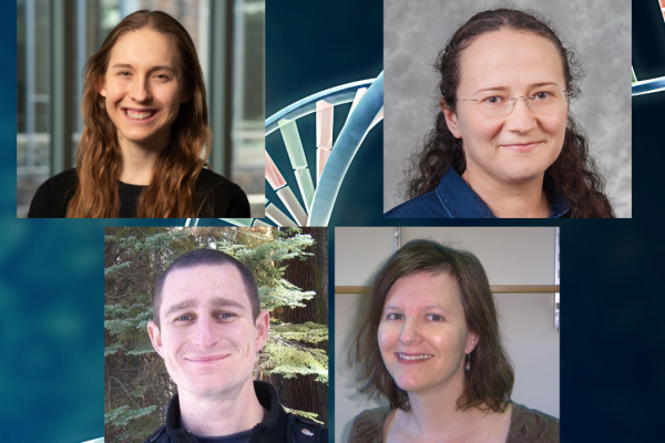 four headshots: Lexi bounds, Raluca Gordan, Craig Lowe, Debra Silver; image of artistic DNA in background. Logos for Duke Precision Genomics Collaboratory and Duke Center for Advanced Genomic Technologies