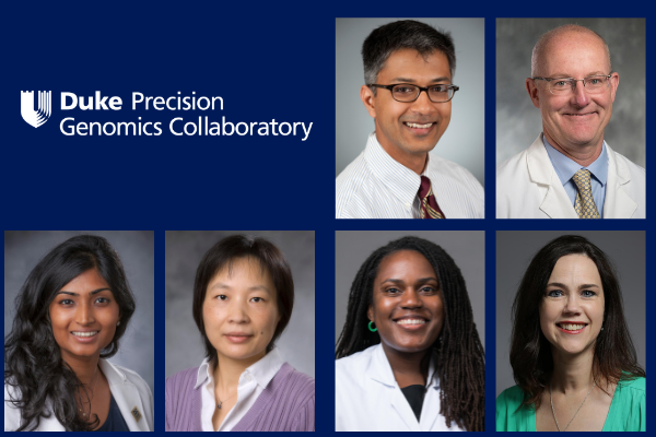 Duke Precision Genomics Collaboratory headshots of Neil Surana, Lars Wagner, Tarannum Jaleel, Jennifer Zhang, Charity Oyedeji and Allison Ashley-Koch