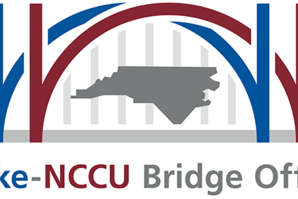 Duke-NCCU bridge office Logo. Red and blue 'bridges' arching over an outline of the state of NC