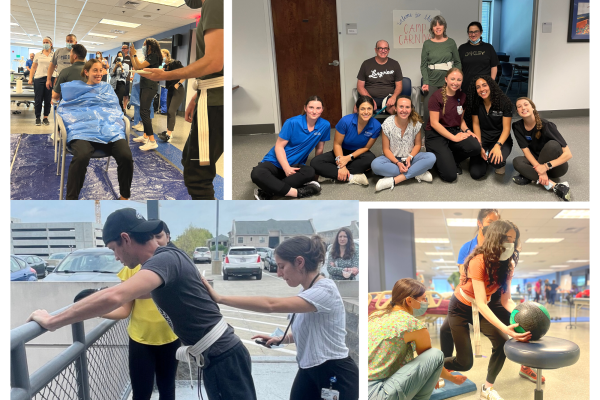 a four picture collage of students helping participants of Neuro Camp 