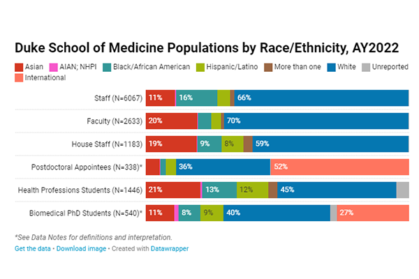 Graph representing the racial and ethnicity of faculty, staff, and trainees in the school