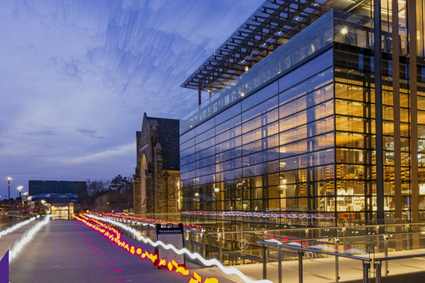 evening view of the Broadhead dining facility lit up from within