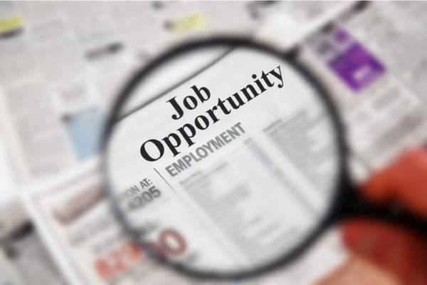 magnifying glass hovering over a newspaper that reads job opportunity