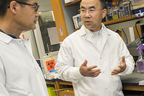 Zhou Pie, PhD speaking with a lab associate in his lab. 