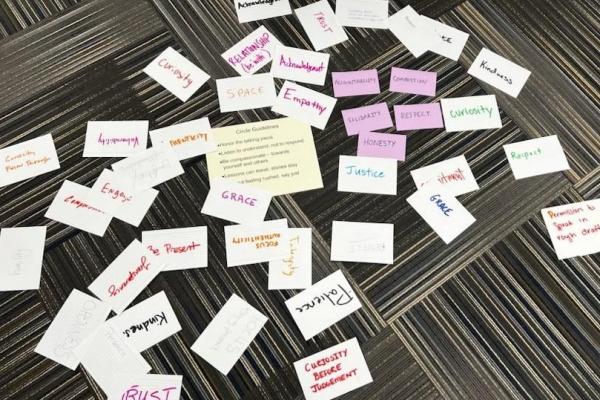 cards with words for group exercise laying on ground