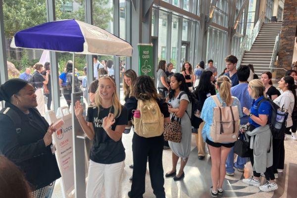 A group of students in the IPE Atrium