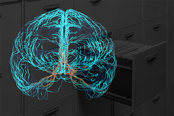 Brain neurons mapped over an open filing cabinet drawer.