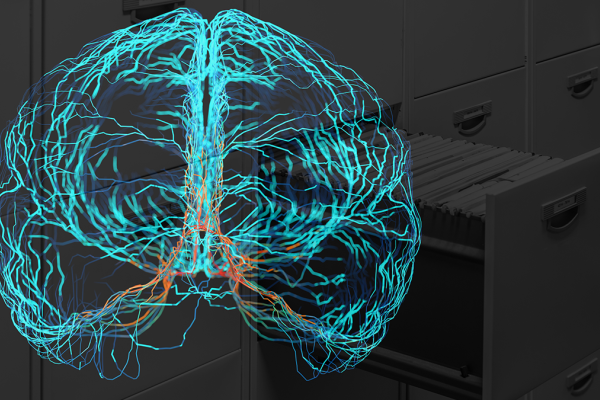 graphic image of brain superimposed over an open filing cabinet drawer