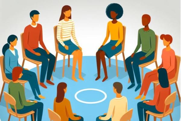 Cartoon depictions of individuals sitting in chairs in circle