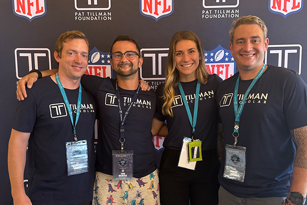 2024 Duke Tillman Scholars Matthew Morris, Elle Hepburn Reason, and James White join 2022 Scholar Tom Murphy at the Pat Tillman Leadership Summit in Chicago.  