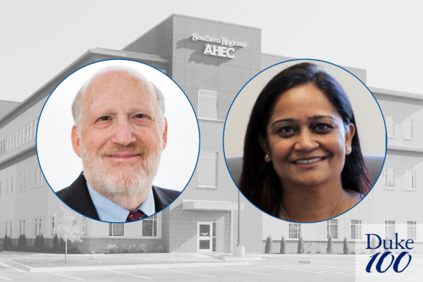 Marvin Swartz, MD, professor of psychiatry and behavioral sciences and Duke AHEC director, and Sushma Kapoor, MD, president, CEO, and designated institutional officer of Southern Regional AHEC. Background: SR AHEC building.