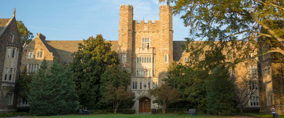 Front of Davison Building from the Abele Quad at sunset.