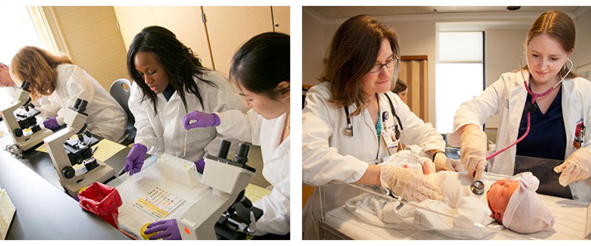 Scientists in a lab and clinicians with a young patient