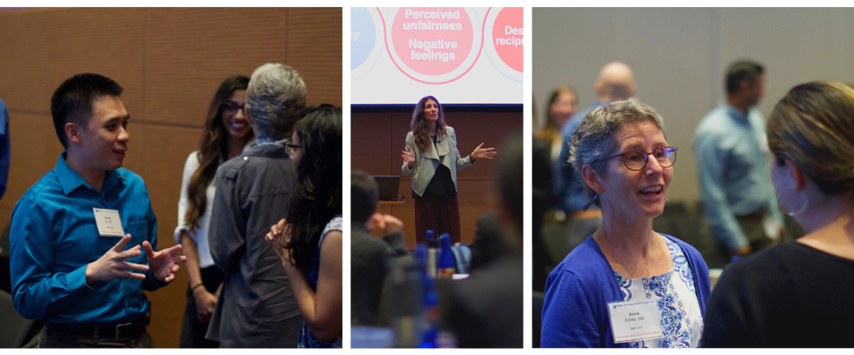 Faculty members speaking to each other at an event