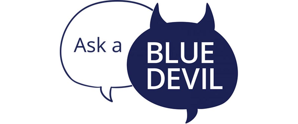 Ask a Blue Devil - word bubble in the shape of a devil head