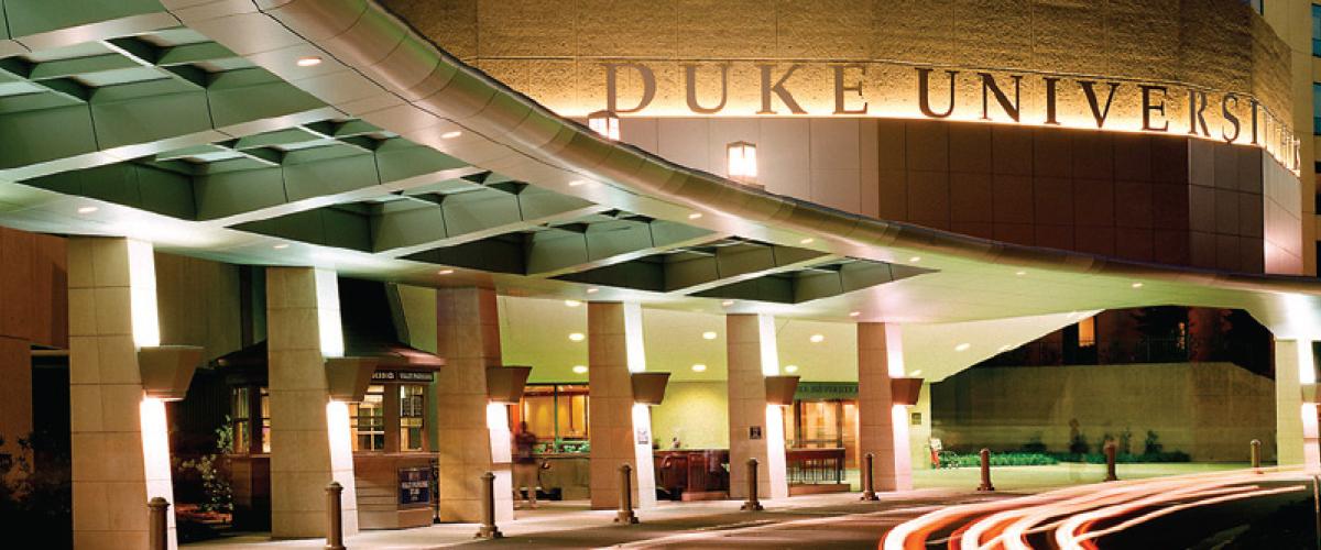 Duke Hospital front entrance at night