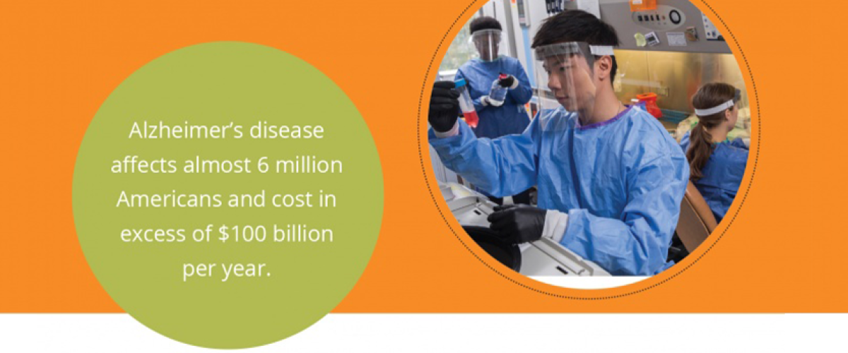 Researcher looking at a vial. Text: Alzheimer's disease affects almost 6 million Americans and costs in excess of $100 billion per year.