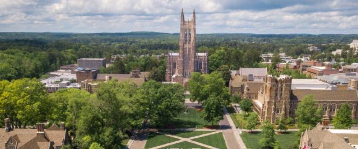 An aerial shot of Duke campus