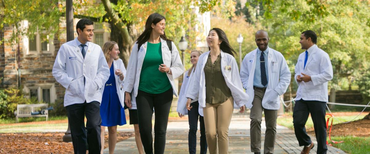 7 students walking and chatting wearing white coats on stone pathway under green and yellow trees